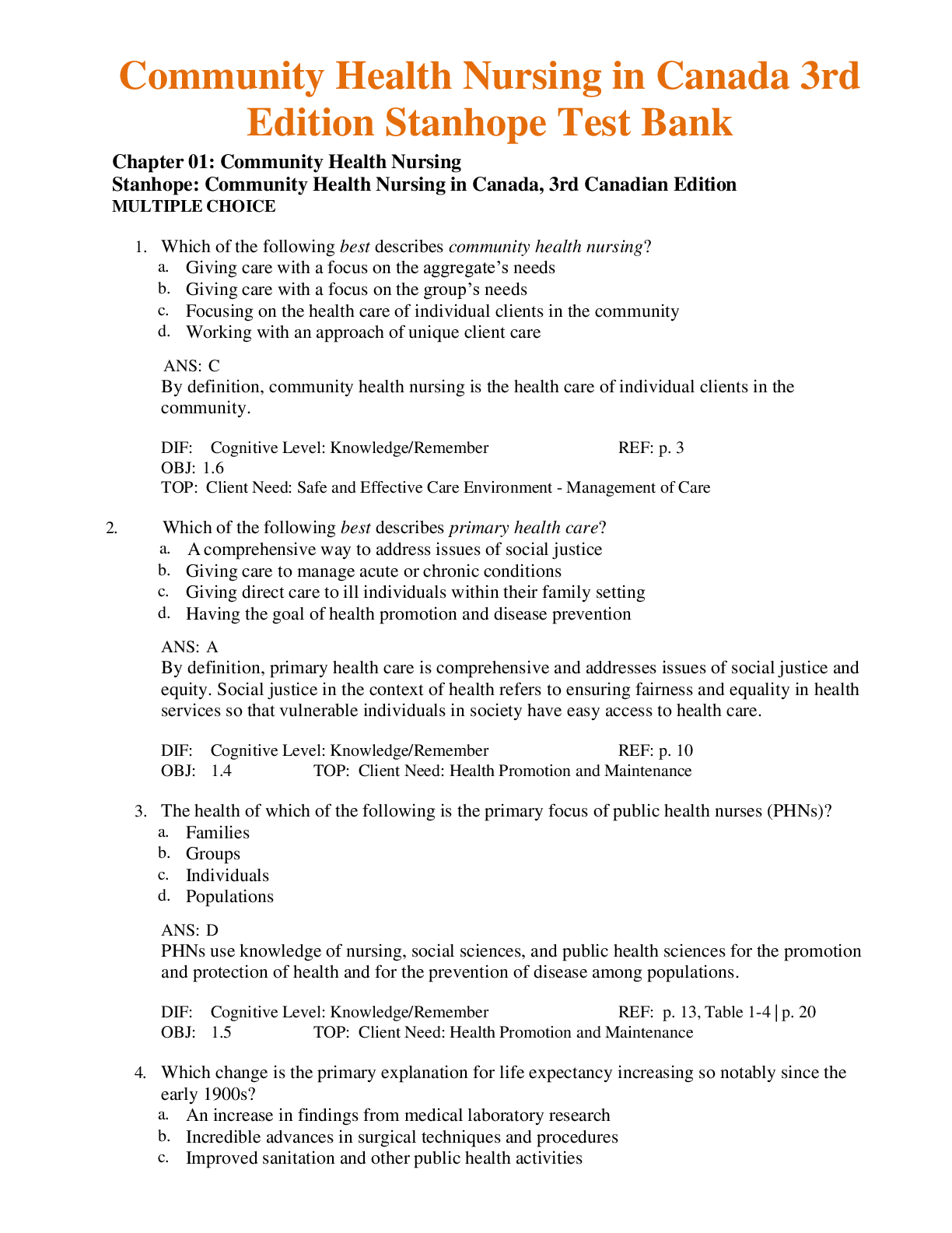 Test Bank for Community Health Nursing in Canada 3rd Edition Stanhope